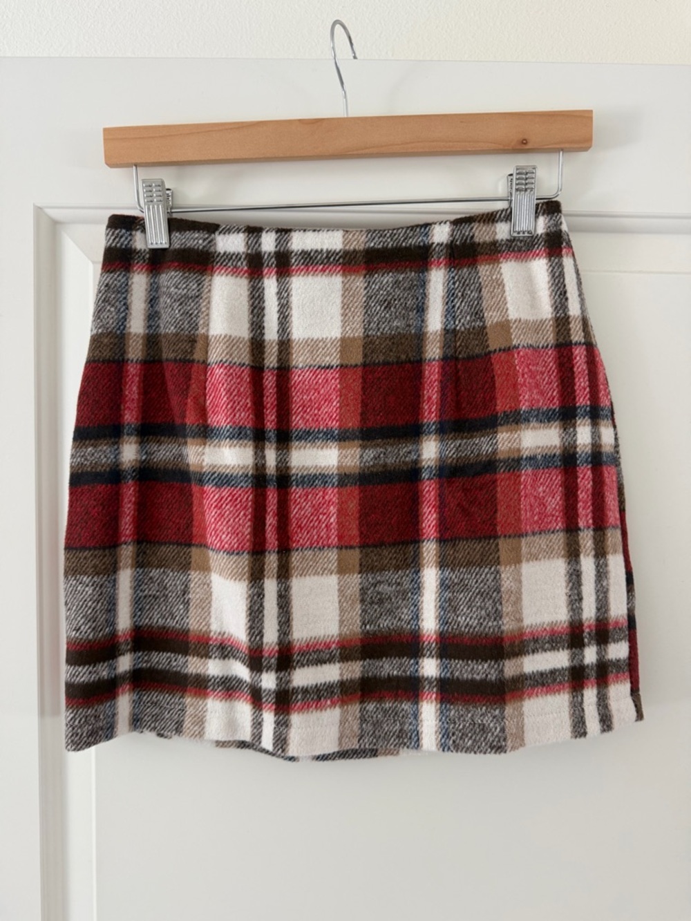 Plaid Wool Blend Mini Skirt - Red & Brown
